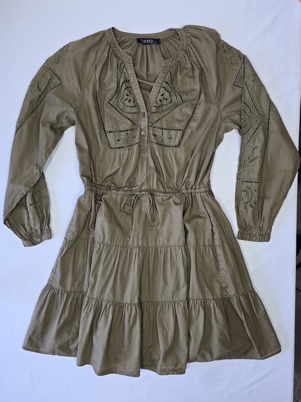 Lauren Ralph Lauren Jalalie Embroidered Tiered Mini Dress Olive Green Size 6
